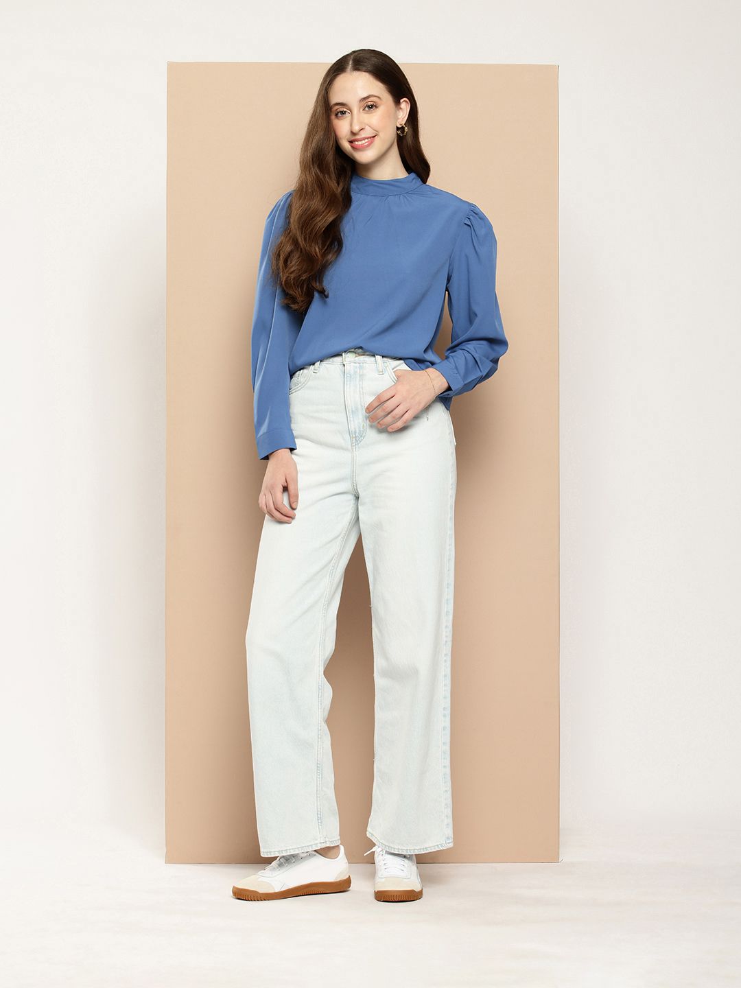 Encore – High Neck Cuffed Sleeves Top (Blue)