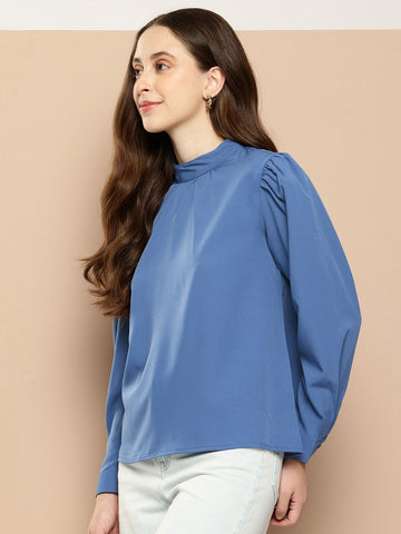 Encore – High Neck Cuffed Sleeves Top (Blue)