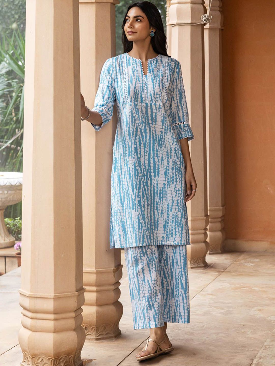 FIORRA – Blue Printed Pure Cotton Kurta Set